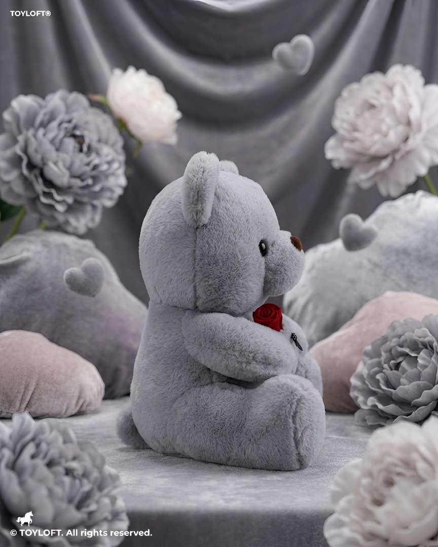 10-Inch Soft Gray Teddy Bear Holding a Red Rose – Cute Plush Stuffed Animal ST14010.