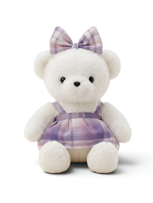 10-Inch Teddy Bear Plush with Purple Plaid Dress ST14455.