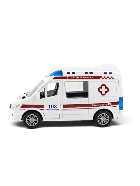 108 Emergency Ambulance Toy Van with Realistic Detailing, Siren Lights & Pull-Back Action for Kids LMI14216