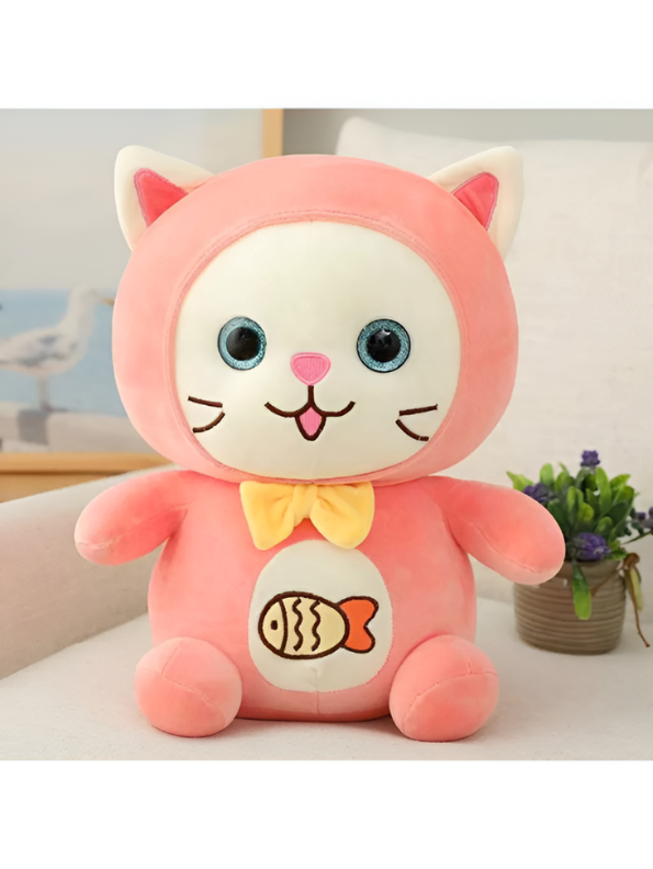 10 Inch Cute Cat Plush Toy with Bow & Fish Embroidery ST14147.