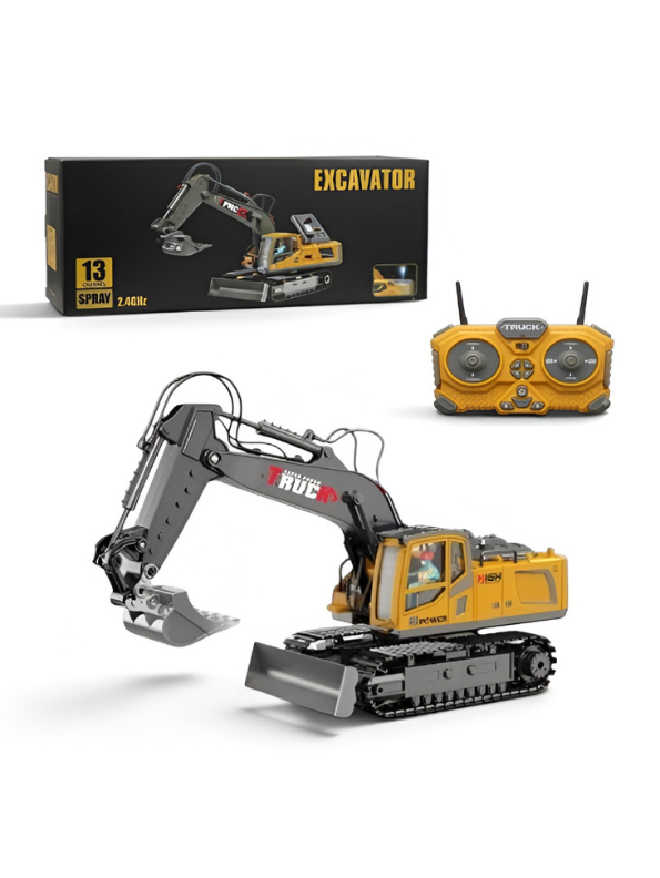 11-Channel RC Excavator Toy, 2.4GHz Remote Control Construction Truck with Alloy Bucket & Spray Effect MD23