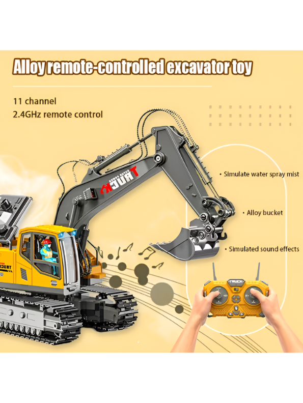 11-Channel RC Excavator Toy, 2.4GHz Remote Control Construction Truck with Alloy Bucket & Spray Effect MD23