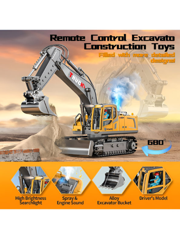 11-Channel RC Excavator Toy, 2.4GHz Remote Control Construction Truck with Alloy Bucket & Spray Effect MD23