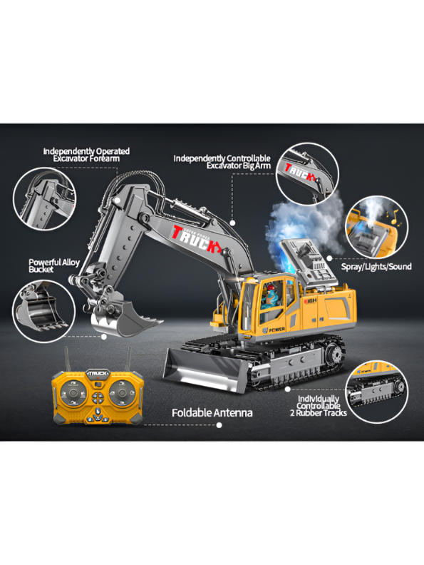 11-Channel RC Excavator Toy, 2.4GHz Remote Control Construction Truck with Alloy Bucket & Spray Effect MD23