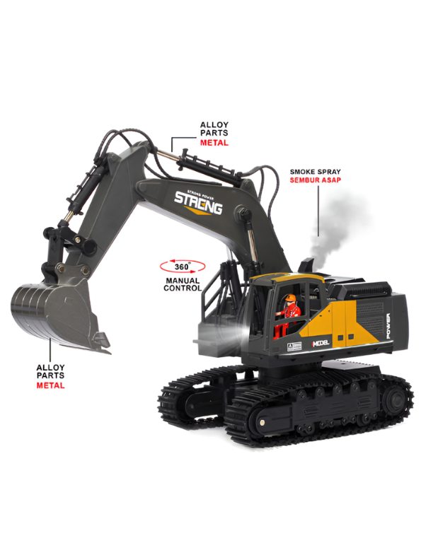 12-Channel RC Excavator Diecast Metal Toy Construction Tractor with Smoke Effect & Lights TV4721