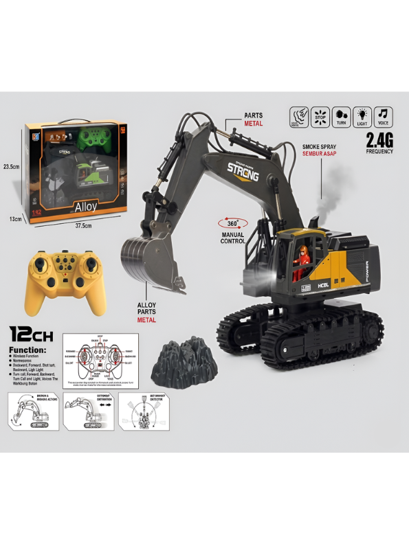 12-Channel RC Excavator Diecast Metal Toy Construction Tractor with Smoke Effect & Lights TV4721