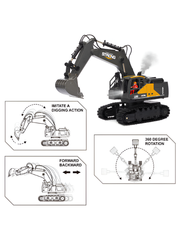 12-Channel RC Excavator Diecast Metal Toy Construction Tractor with Smoke Effect & Lights TV4721