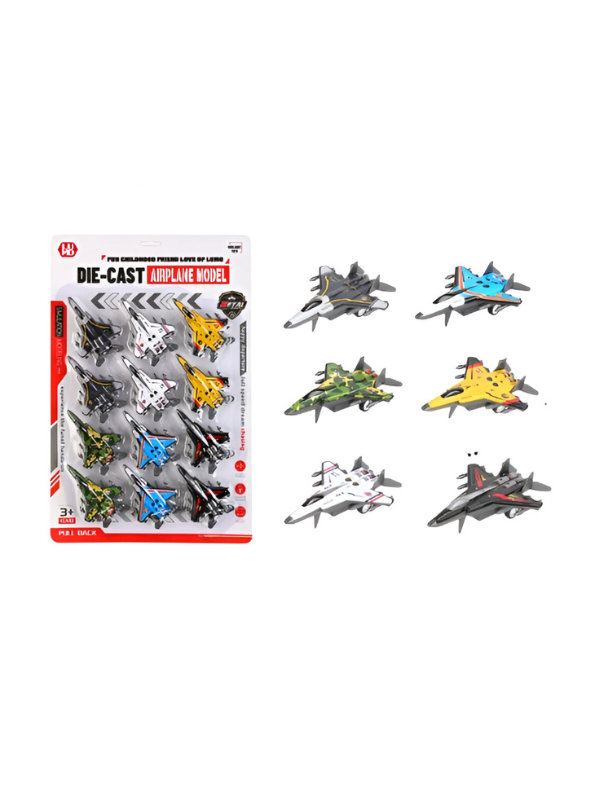 12-Piece Die-Cast Military Fighter Jet Set – Pull-Back Airplane Toys LMI15048.