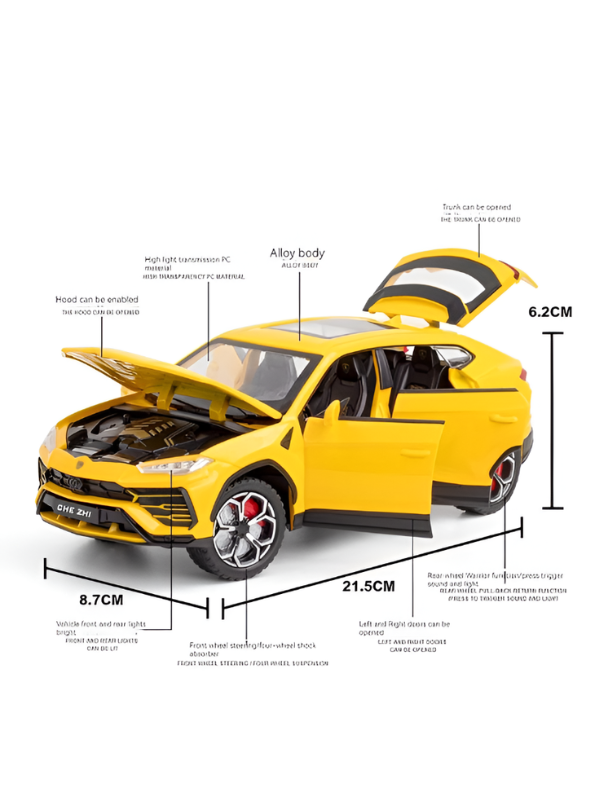 Lamborghini Urus Diecast Car 1:24 Scale Yellow With Smoke Effect Collectible Toy SUV Model with Sound and Light LMI15496