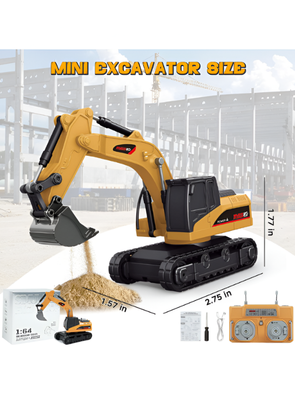 1:64 Mini RC Excavator Toy - 9-Channel Remote Control Digger with Alloy Body MD527.
