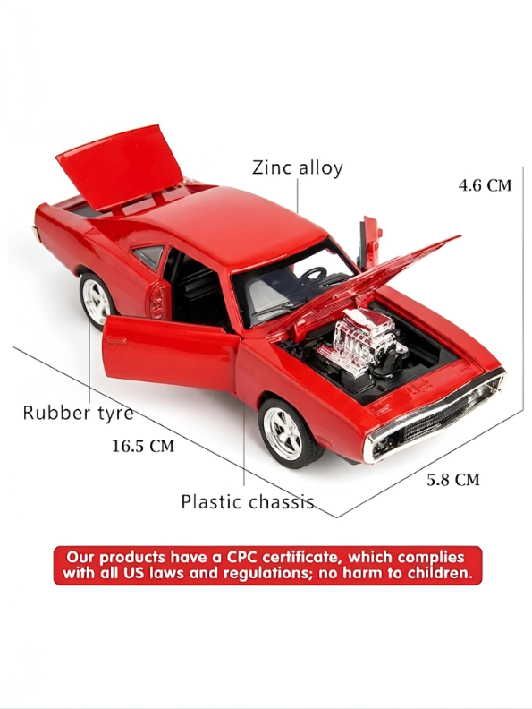 1970 Dodge Charger Diecast Alloy Model Car 1:24 Scale | Red Lights, Sound & Pull-Back Action TV5608