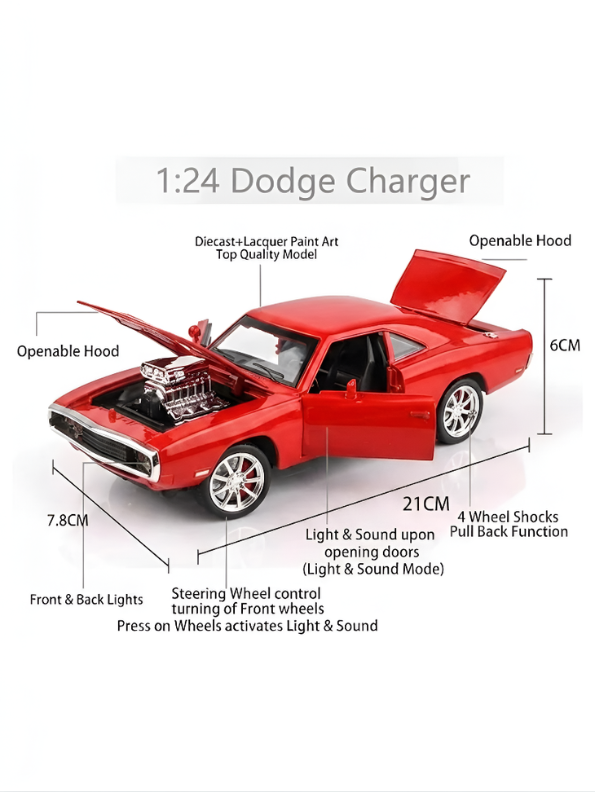 1970 Dodge Charger Diecast Alloy Model Car 1:24 Scale | Red Lights, Sound & Pull-Back Action TV5608