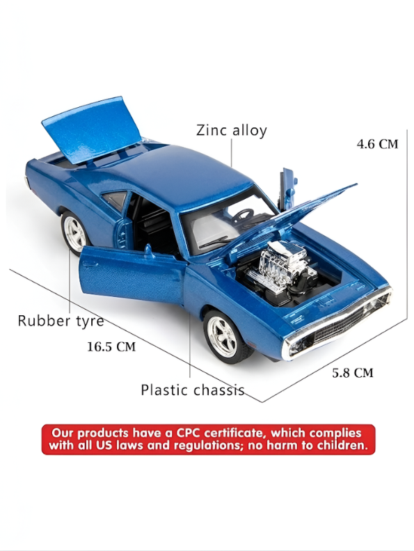 1970 Dodge Charger Diecast Alloy Model Car 1:24 Scale | Blue Lights, Sound & Pull-Back Action TV5608