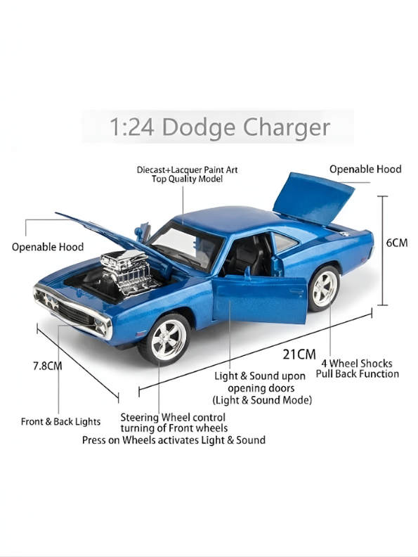 1970 Dodge Charger Diecast Alloy Model Car 1:24 Scale | Blue Lights, Sound & Pull-Back Action TV5608