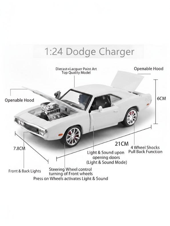 1970 Dodge Charger Diecast Alloy Model Car 1:24 Scale | White Lights, Sound & Pull-Back Action TV5608