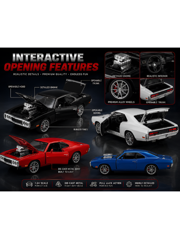 1970 Dodge Charger Diecast Alloy Model Car 1:24 Scale | Lights, Sound & Pull-Back Action TV5608