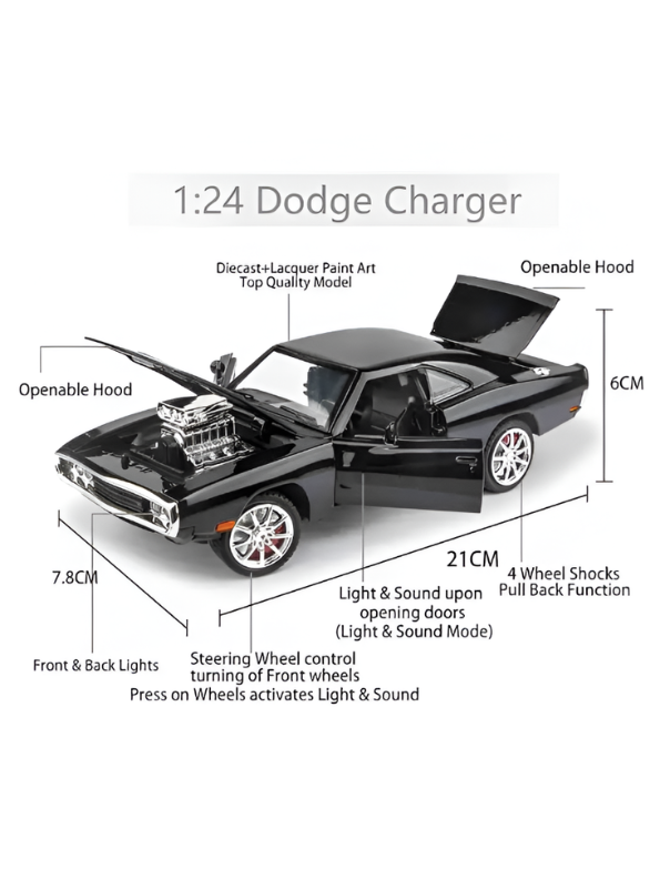 1970 Dodge Charger Diecast Alloy Model Car 1:24 Scale | Lights, Sound & Pull-Back Action TV5608