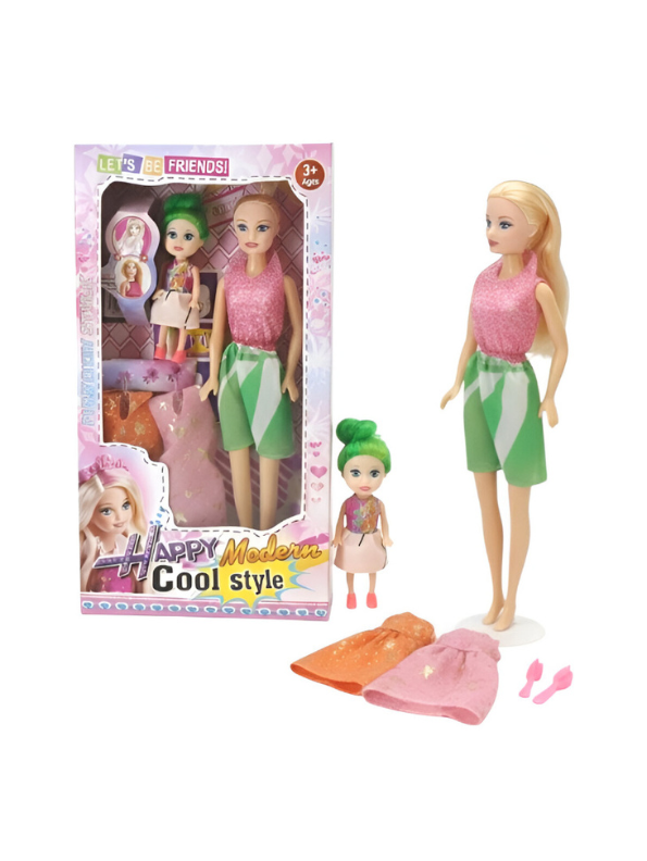 2-Piece Fashion Doll Set - Blonde Fashion Doll & Mini Blue Hair Doll with Accessories Green LMI10001.