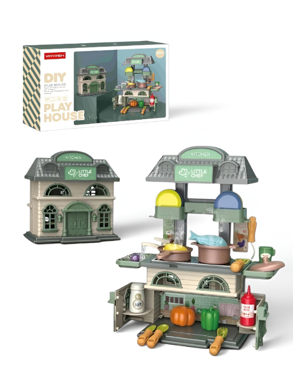2-in-1 DIY Play House & Little Chef Kitchen Playset for Toddlers – Convertible Toy Kitchen with Realistic Cooking Accessories, Play Food, and Utensils – Educational Pretend Play Gift for Kids TV6941