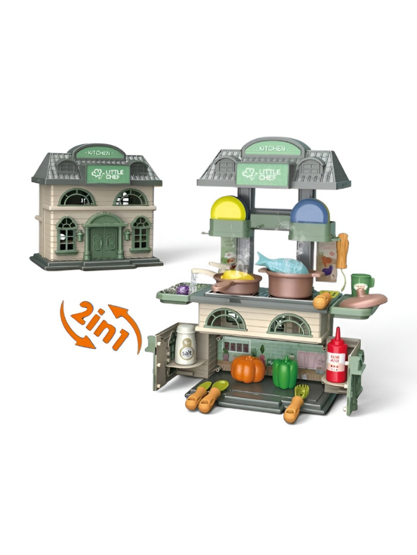 2-in-1 DIY Play House & Little Chef Kitchen Playset for Toddlers – Convertible Toy Kitchen with Realistic Cooking Accessories, Play Food, and Utensils – Educational Pretend Play Gift for Kids TV6941