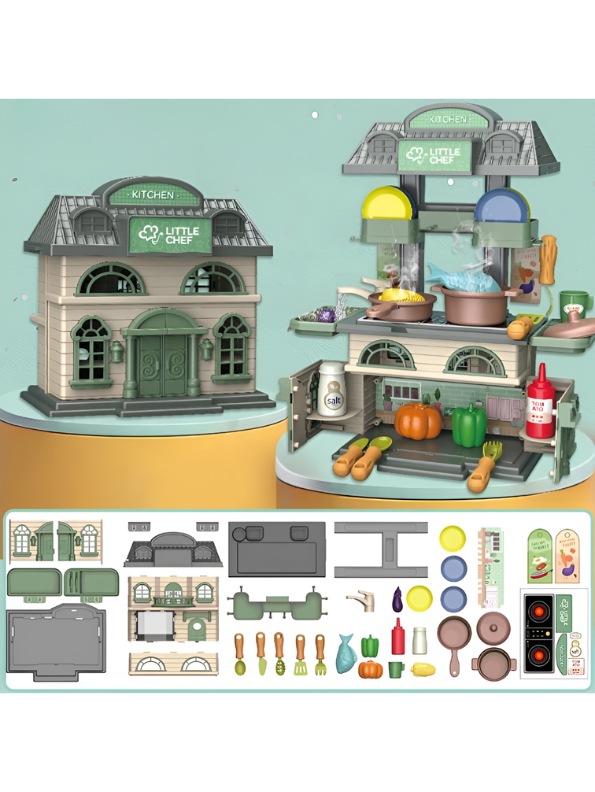 2-in-1 DIY Play House & Little Chef Kitchen Playset for Toddlers – Convertible Toy Kitchen with Realistic Cooking Accessories, Play Food, and Utensils – Educational Pretend Play Gift for Kids TV6941