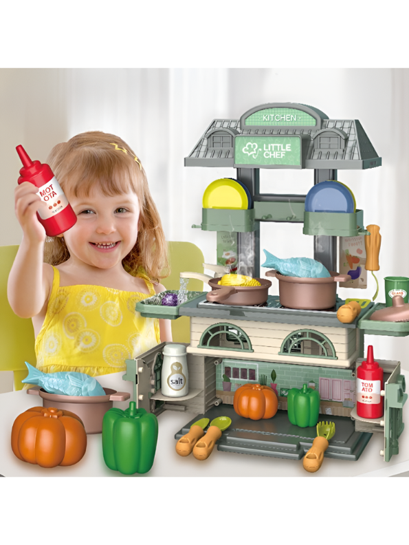 2-in-1 DIY Play House & Little Chef Kitchen Playset for Toddlers – Convertible Toy Kitchen with Realistic Cooking Accessories, Play Food, and Utensils – Educational Pretend Play Gift for Kids TV6941