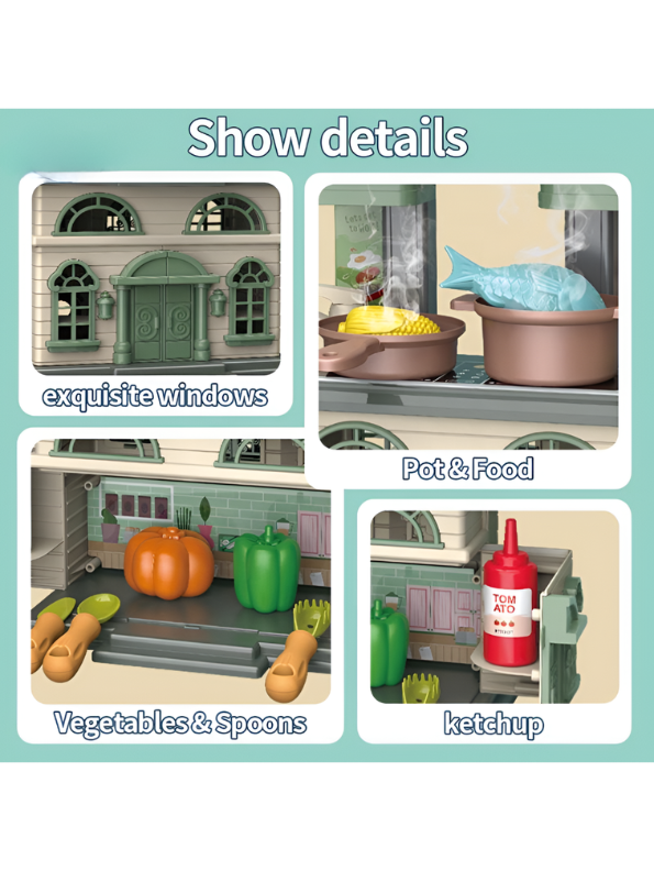 2-in-1 DIY Play House & Little Chef Kitchen Playset for Toddlers – Convertible Toy Kitchen with Realistic Cooking Accessories, Play Food, and Utensils – Educational Pretend Play Gift for Kids TV6941