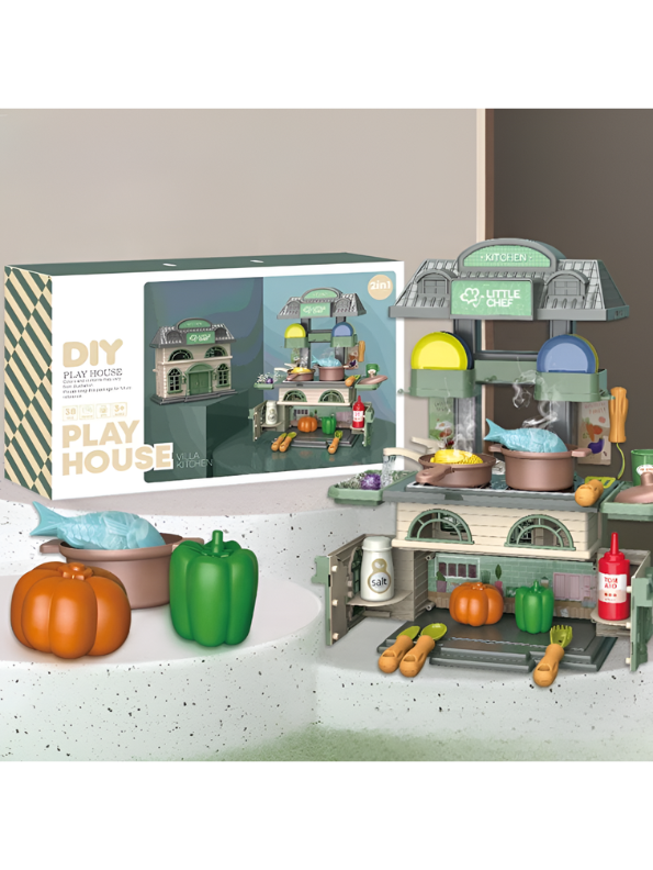 2-in-1 DIY Play House & Little Chef Kitchen Playset for Toddlers – Convertible Toy Kitchen with Realistic Cooking Accessories, Play Food, and Utensils – Educational Pretend Play Gift for Kids TV6941