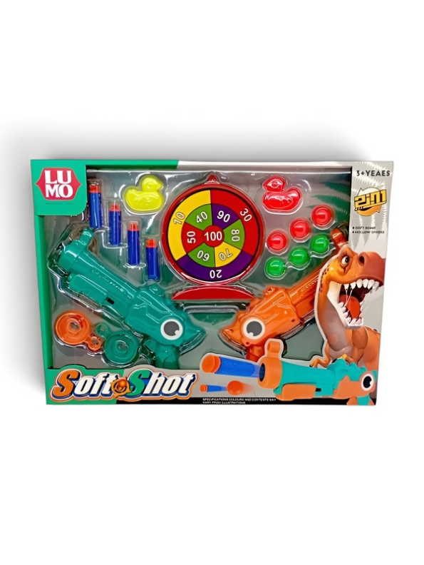 2-in-1 Dinosaur Soft Blaster Shooting Game Set with Target Wheel, Foam Darts, and Balls for Kids LMI14891