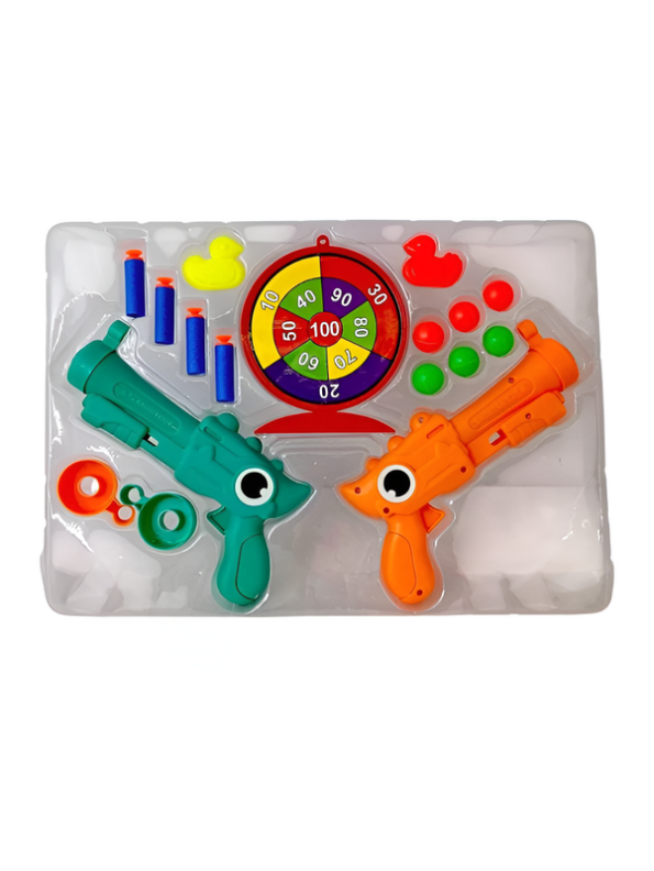 2-in-1 Dinosaur Soft Blaster Shooting Game Set with Target Wheel, Foam Darts, and Balls for Kids LMI14891