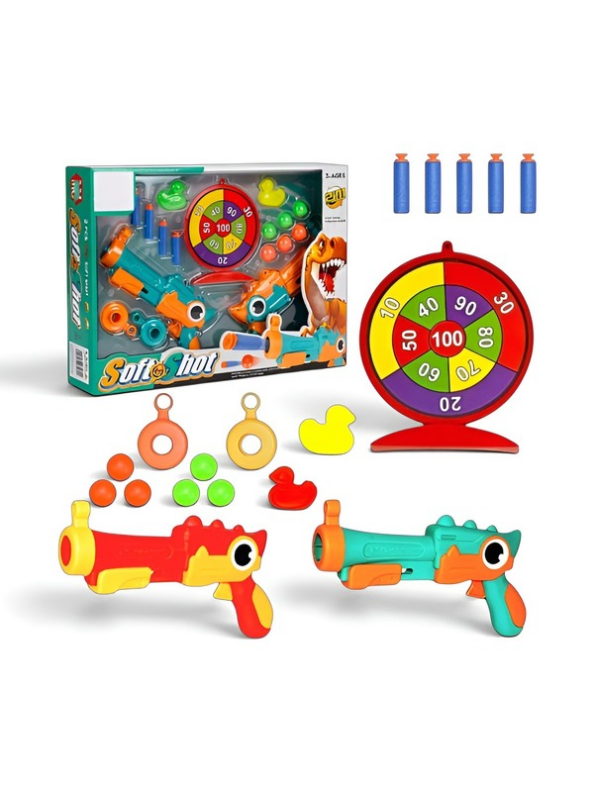 2-in-1 Dinosaur Soft Blaster Shooting Game Set with Target Wheel, Foam Darts, and Balls for Kids LMI14891