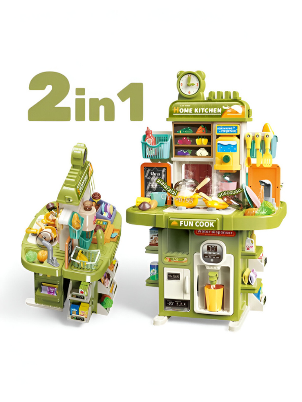 2-in-1 Kids Kitchen Playset with Water Dispenser & Accessories | Toddler Cooking Pretend Play Toy NX13727.