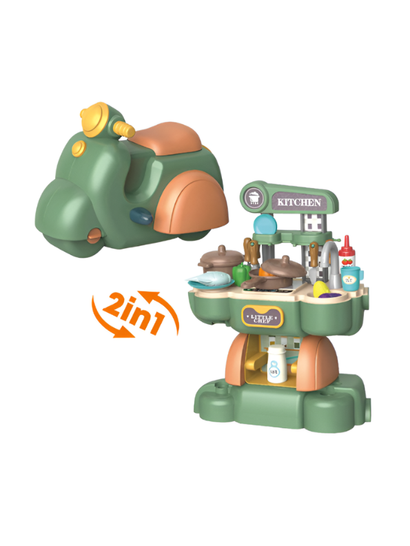 2-in-1 Kids Kitchen Playset & Ride-On Motorcycle – 45PCS Pretend Cooking Toy Set with Food Accessories TV6942.