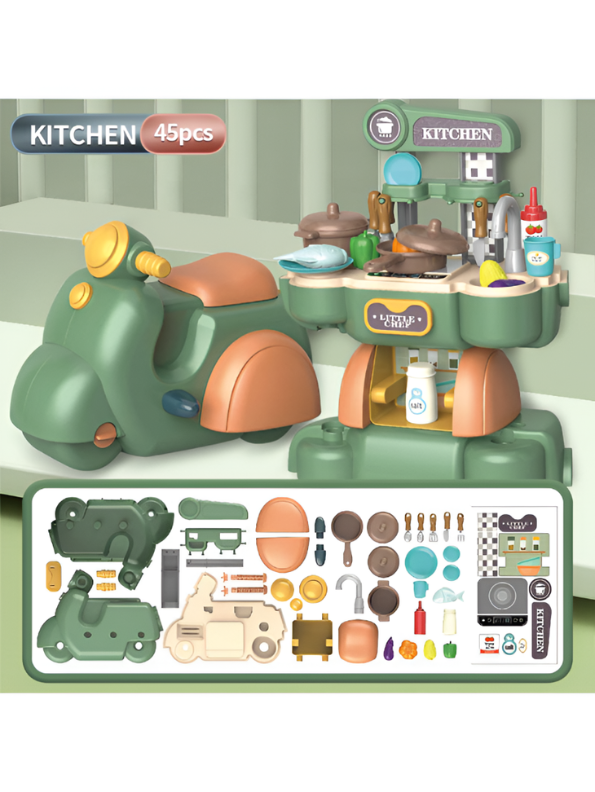 2-in-1 Kids Kitchen Playset & Ride-On Motorcycle – 45PCS Pretend Cooking Toy Set with Food Accessories TV6942.
