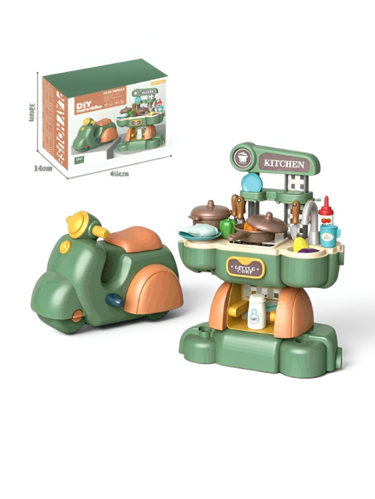 2-in-1 Kids Kitchen Playset & Ride-On Motorcycle – 45PCS Pretend Cooking Toy Set with Food Accessories TV6942.