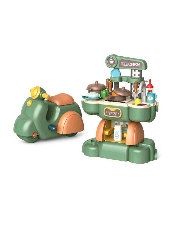 2-in-1 Kids Kitchen Playset & Ride-On Motorcycle – 45PCS Pretend Cooking Toy Set with Food Accessories TV6942.