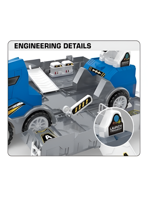 2-in-1 Mega Storage Truck & Racing Track Set – Toy Car Transporter with 4 Die-Cast Cars, Transforming Playset MD3578.
