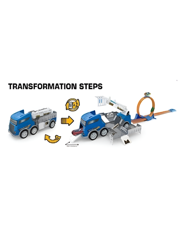 2-in-1 Mega Storage Truck & Racing Track Set – Toy Car Transporter with 4 Die-Cast Cars, Transforming Playset MD3578.