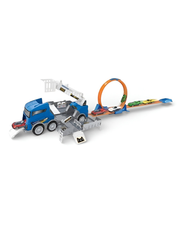2-in-1 Mega Storage Truck & Racing Track Set – Toy Car Transporter with 4 Die-Cast Cars, Transforming Playset MD3578.