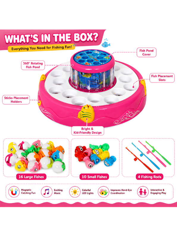 2-in-1 Rotating Ocean Fishing Pond Toy with Music, Glowing Lights & 4 Fishing Rods for Kids MD488