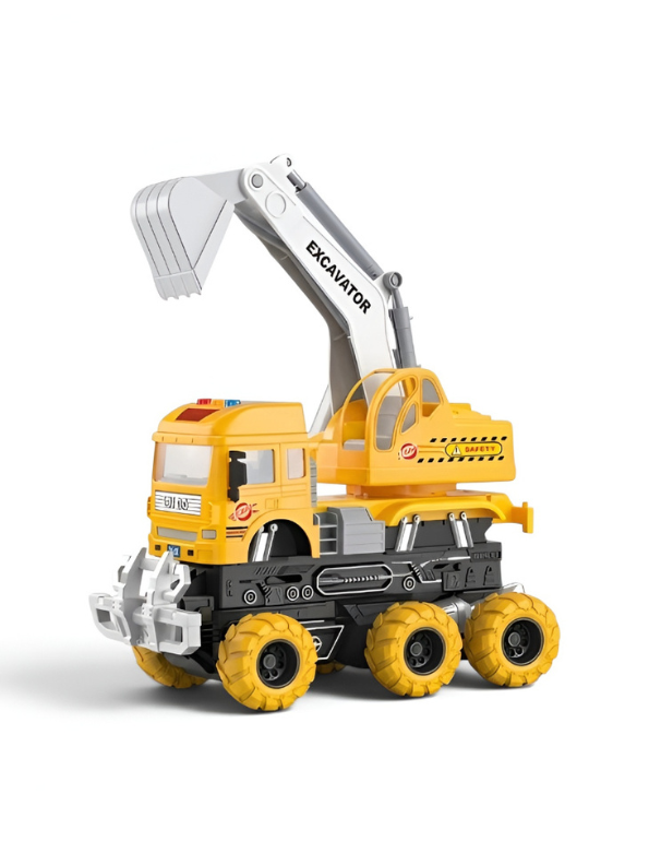 2-in-1 Transformed Toy Excavator Truck with Collision Deformation, 6x6 Friction Powered Construction Vehicle with 360° Swivel Turret, Lights, and Music for Kids Aged 3+ TV4921