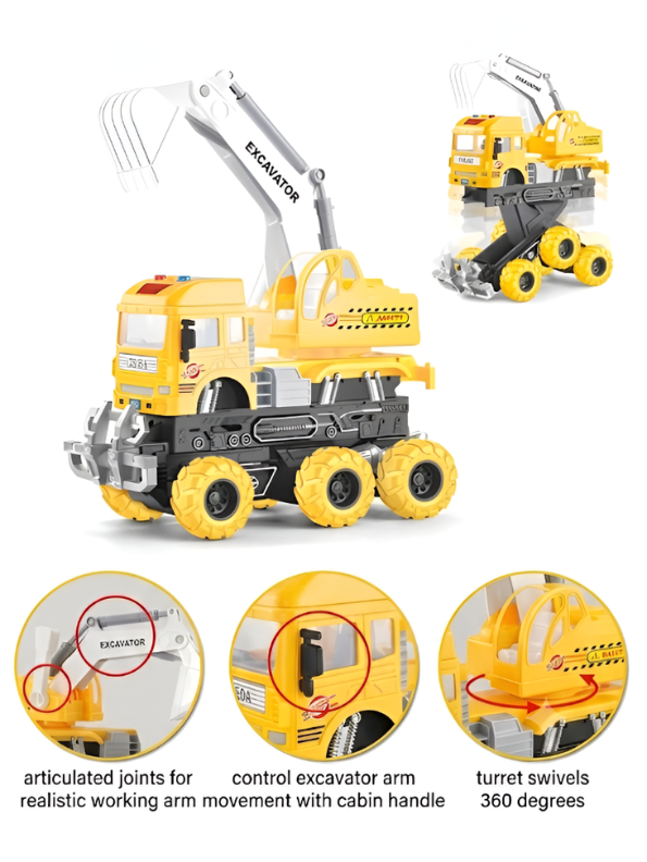 2-in-1 Transformed Toy Excavator Truck with Collision Deformation, 6x6 Friction Powered Construction Vehicle with 360° Swivel Turret, Lights, and Music for Kids Aged 3+ TV4921