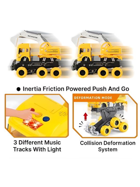 2-in-1 Transformed Toy Excavator Truck with Collision Deformation, 6x6 Friction Powered Construction Vehicle with 360° Swivel Turret, Lights, and Music for Kids Aged 3+ TV4921