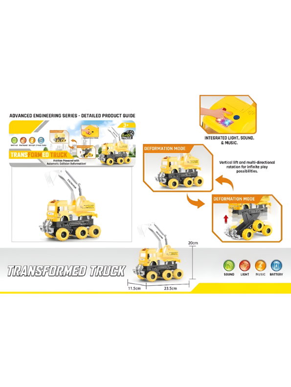2-in-1 Transformed Toy Excavator Truck with Collision Deformation, 6x6 Friction Powered Construction Vehicle with 360° Swivel Turret, Lights, and Music for Kids Aged 3+ TV4921