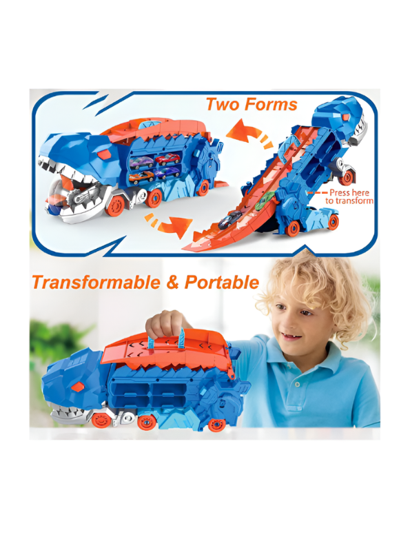 2-in-1 Transforming Dinosaur Truck Toy with Race Track & Mini Cars MD502.