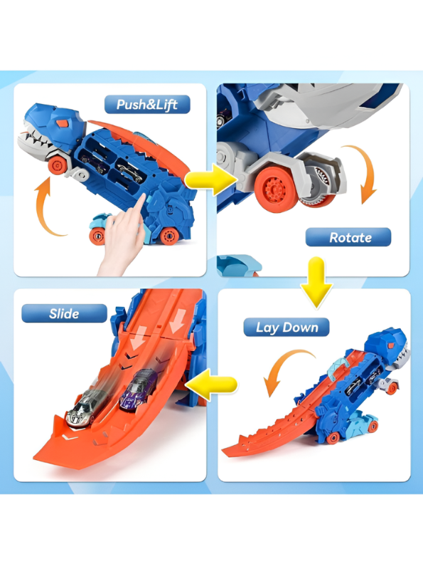 2-in-1 Transforming Dinosaur Truck Toy with Race Track & Mini Cars MD502.