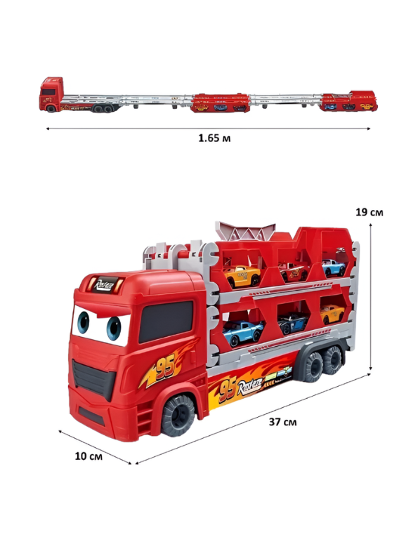 2-in-1 Transport Truck Toy with Foldable Race Tracks & Cars – Red Racing Hauler Set MD2984.
