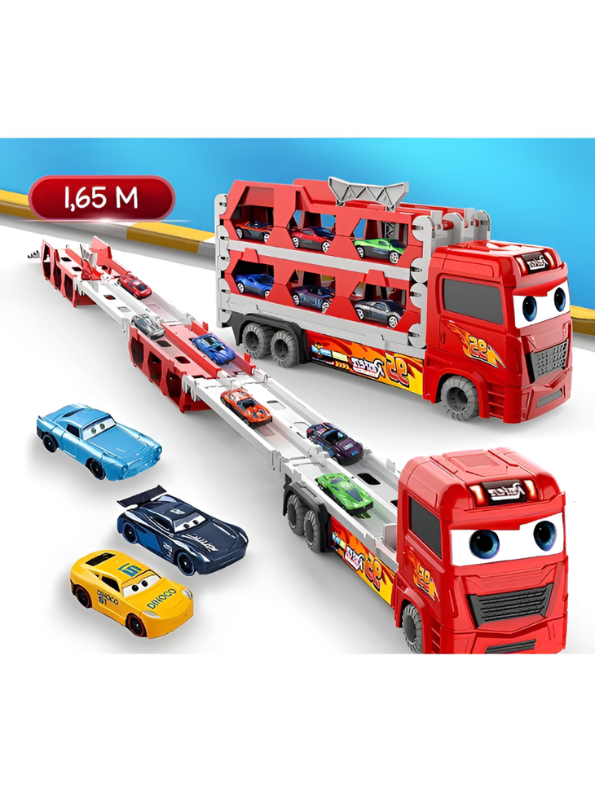 2-in-1 Transport Truck Toy with Foldable Race Tracks & Cars – Red Racing Hauler Set MD2984.