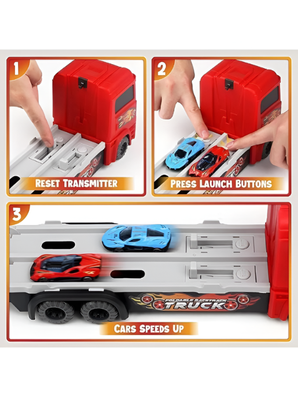 2-in-1 Transport Truck Toy with Foldable Race Tracks & Cars – Red Racing Hauler Set MD2984.