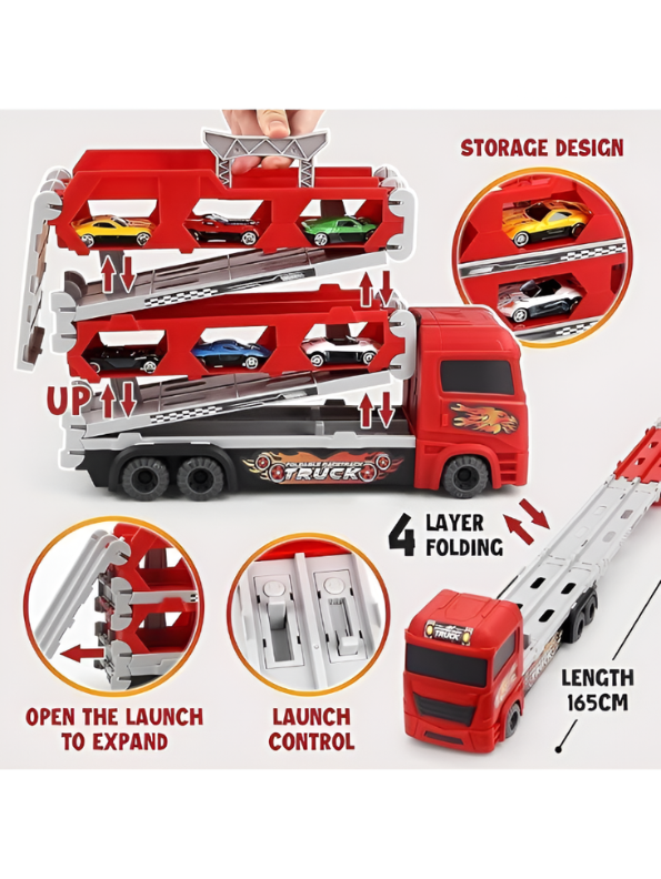 2-in-1 Transport Truck Toy with Foldable Race Tracks & Cars – Red Racing Hauler Set MD2984.